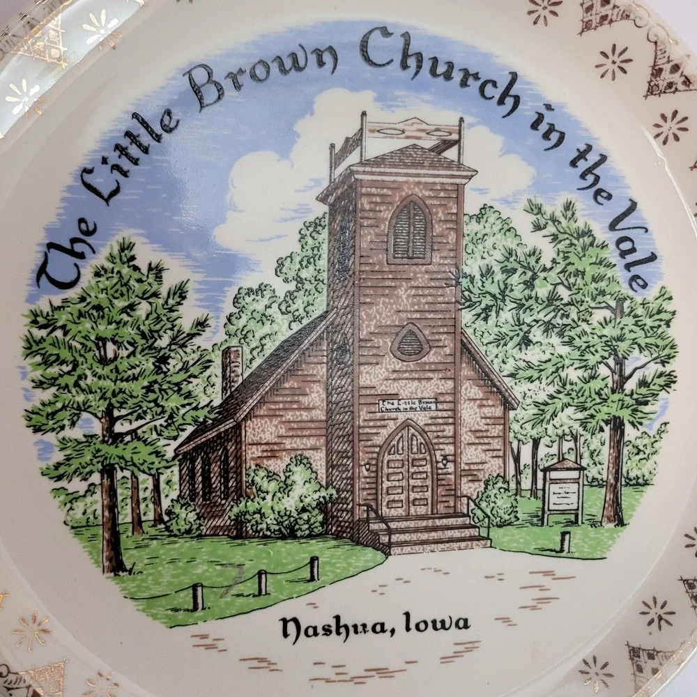 Vintage Souvenir Plate Gold Trim The Little Brown Church in the Vale Nashua Iowa